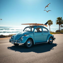 A classic Volkswagen Beetle parked under a sunny sky on a coastal road, showcasing its charming round shape and pastel blue color