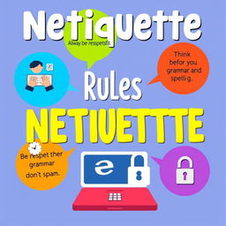 A visually engaging educational poster that showcases the rules of netiquette, displaying key principles like 'Always be respectful', 'Think before you post', 'Use proper grammar and spelling', 'Don’t spam', 'Respect others' privacy', and 'Be mindful of tone'