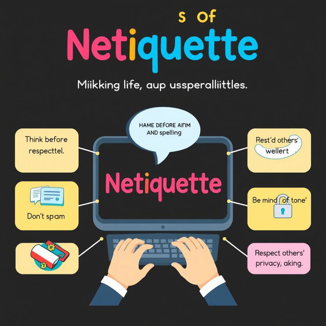 A visually engaging educational poster that showcases the rules of netiquette, displaying key principles like 'Always be respectful', 'Think before you post', 'Use proper grammar and spelling', 'Don’t spam', 'Respect others' privacy', and 'Be mindful of tone'