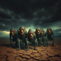 An intense and striking scene in the hot and terrifying Padang Mahsyar, featuring a group of human figures with monkey-like faces and human bodies