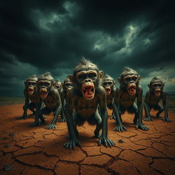 An intense and striking scene in the hot and terrifying Padang Mahsyar, featuring a group of human figures with monkey-like faces and human bodies