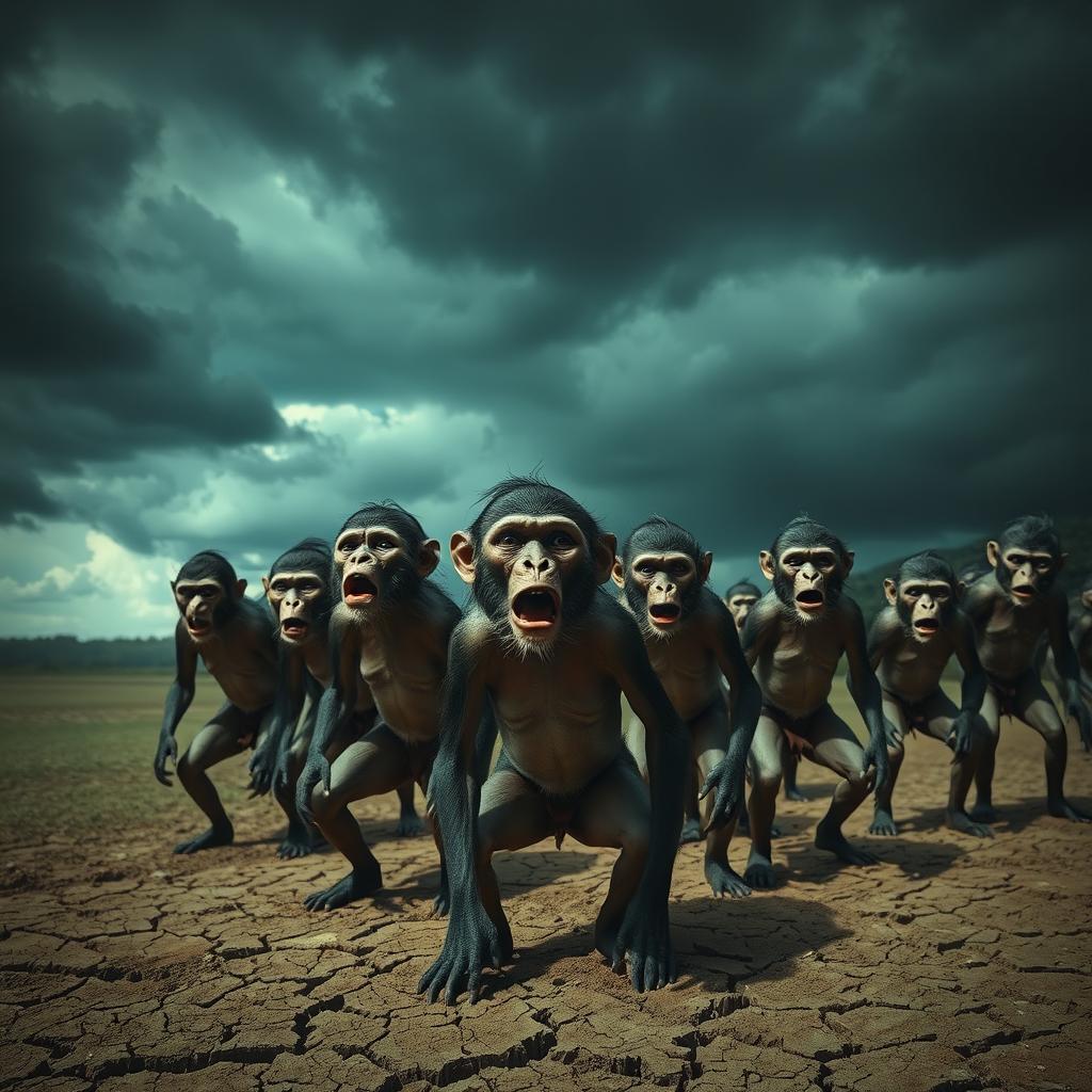 An intense and striking scene in the hot and terrifying Padang Mahsyar, featuring a group of human figures with monkey-like faces and human bodies