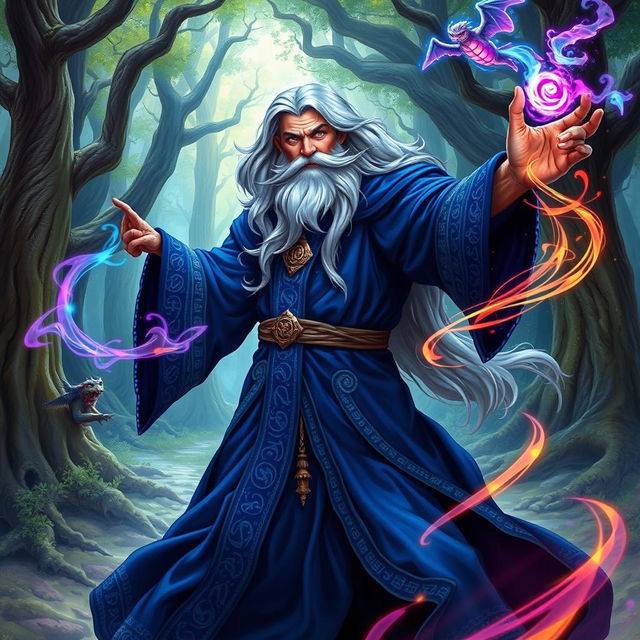 A powerful wizard casting a spell, with an intricate robe made of deep blue fabric adorned with silver runes