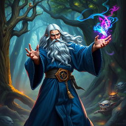 A powerful wizard casting a spell, with an intricate robe made of deep blue fabric adorned with silver runes