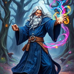 A powerful wizard casting a spell, with an intricate robe made of deep blue fabric adorned with silver runes