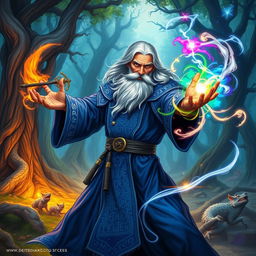 A powerful wizard casting a spell, with an intricate robe made of deep blue fabric adorned with silver runes