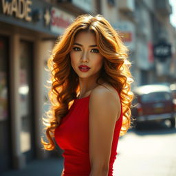 A stunning portrait of Ada Wong with long, curly hair that shines golden in the sunlight