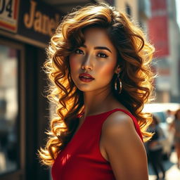 A stunning portrait of Ada Wong with long, curly hair that shines golden in the sunlight