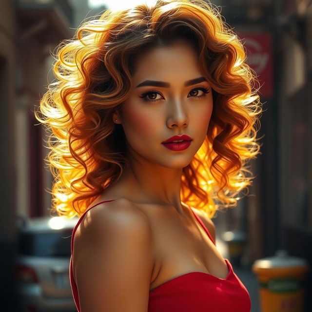 A stunning portrait of Ada Wong with long, curly hair that shines golden in the sunlight