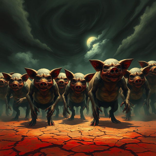 A terrifying scene in Padang Mahsyar, depicting a hot and ominous atmosphere filled with a group of grotesque humanoid figures resembling pigs