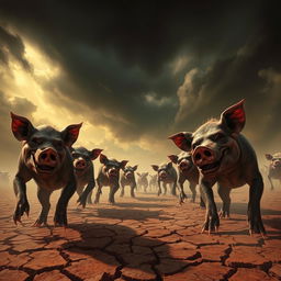 A terrifying scene in Padang Mahsyar, depicting a hot and ominous atmosphere filled with a group of grotesque humanoid figures resembling pigs