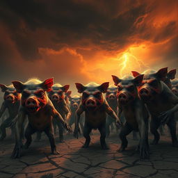 A terrifying scene in Padang Mahsyar, depicting a hot and ominous atmosphere filled with a group of grotesque humanoid figures resembling pigs