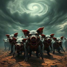 A terrifying scene in Padang Mahsyar, depicting a hot and ominous atmosphere filled with a group of grotesque humanoid figures resembling pigs