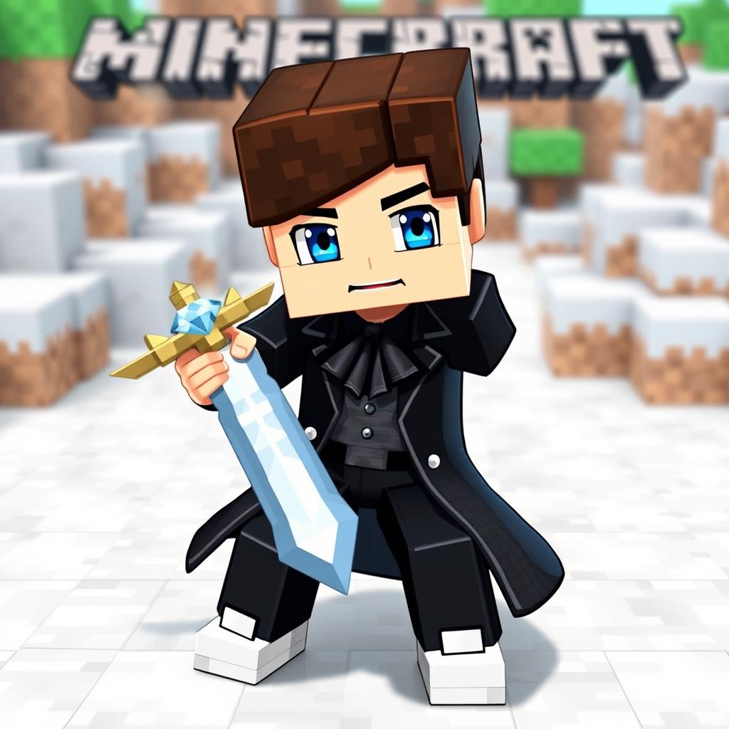 A Minecraft-style character, a boy with a pixelated design, featuring bright blue eyes