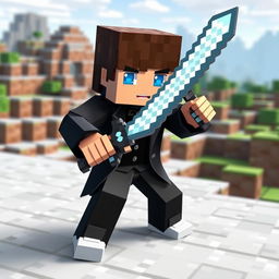 A Minecraft-style character, a boy with a pixelated design, featuring bright blue eyes