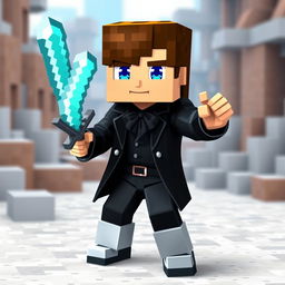 A Minecraft-style character, a boy with a pixelated design, featuring bright blue eyes