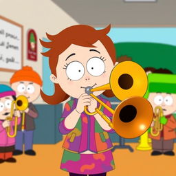 A vibrant cartoon illustration featuring Heidi from South Park playing a trombone