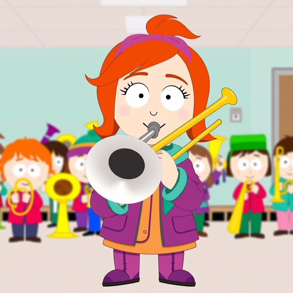 A vibrant cartoon illustration featuring Heidi from South Park playing a trombone