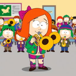 A vibrant cartoon illustration featuring Heidi from South Park playing a trombone