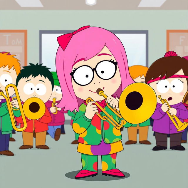 A vibrant cartoon illustration featuring Heidi from South Park playing a trombone