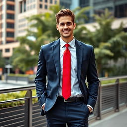 A stylish and confident professional male model dressed in a sleek, modern suit