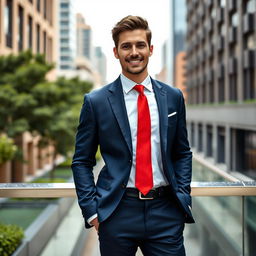 A stylish and confident professional male model dressed in a sleek, modern suit