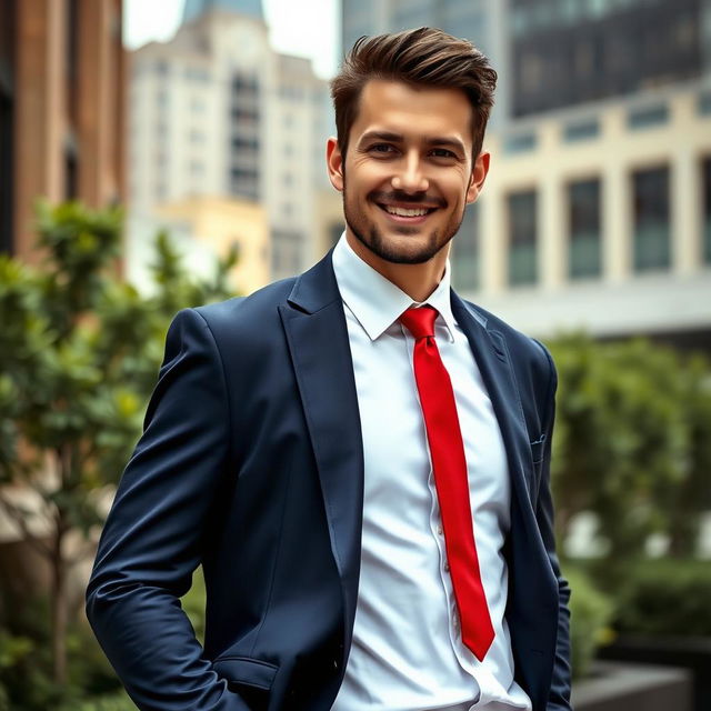 A stylish and confident professional male model dressed in a sleek, modern suit