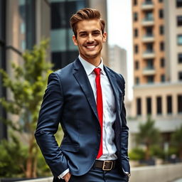 A stylish and confident professional male model dressed in a sleek, modern suit