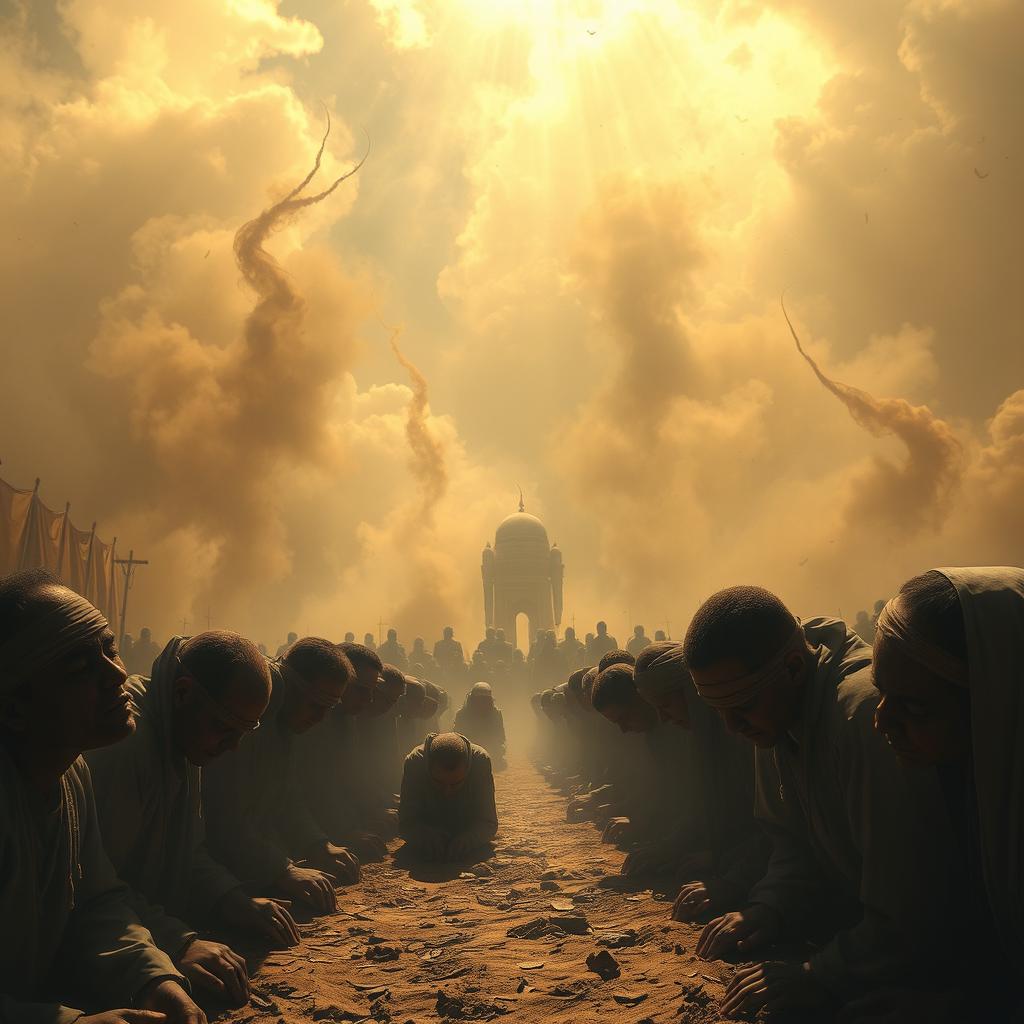 A scene depicting the terrifying atmosphere of Padang Mahsyar, filled with heat and dread