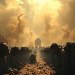 A scene depicting the terrifying atmosphere of Padang Mahsyar, filled with heat and dread