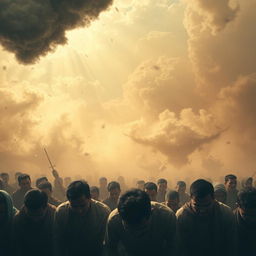 A scene depicting the terrifying atmosphere of Padang Mahsyar, filled with heat and dread