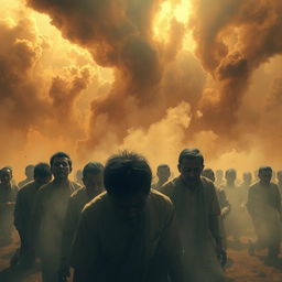 A scene depicting the terrifying atmosphere of Padang Mahsyar, filled with heat and dread