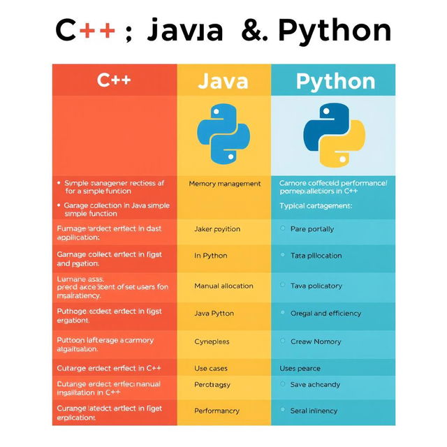 A detailed comparison chart illustrating the differences between C++, Java, and Python