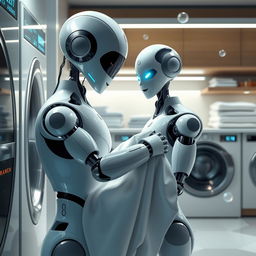 A futuristic robot doing laundry, skillfully washing clothes in a high-tech washing machine
