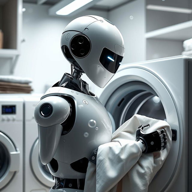 A futuristic robot doing laundry, skillfully washing clothes in a high-tech washing machine