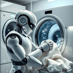 A futuristic robot doing laundry, skillfully washing clothes in a high-tech washing machine
