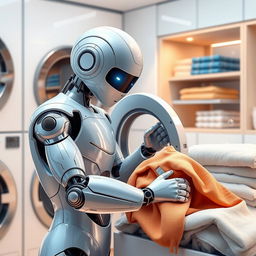 A futuristic robot doing laundry, skillfully washing clothes in a high-tech washing machine