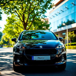 A sleek black Peugeot Pars parked in a scenic urban environment, showcasing its modern design, sharp lines, and sporty features