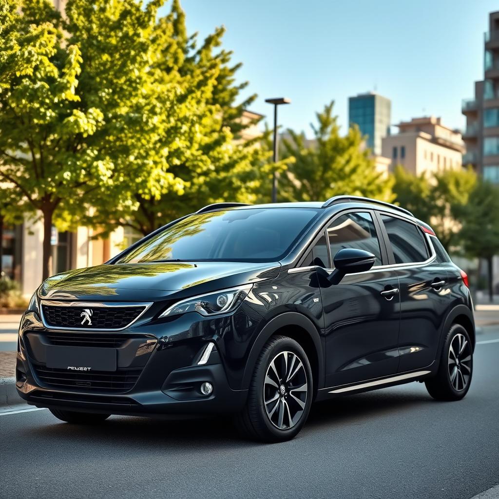 A sleek black Peugeot Pars parked in a scenic urban environment, showcasing its modern design, sharp lines, and sporty features