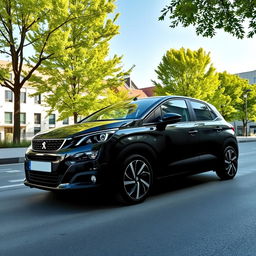 A sleek black Peugeot Pars parked in a scenic urban environment, showcasing its modern design, sharp lines, and sporty features