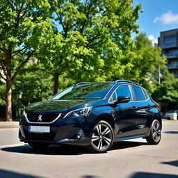A sleek black Peugeot Pars parked in a scenic urban environment, showcasing its modern design, sharp lines, and sporty features