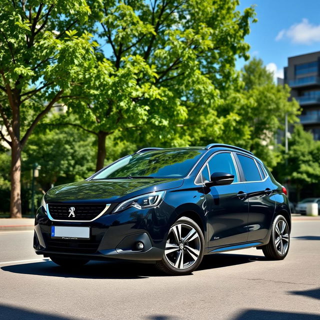 A sleek black Peugeot Pars parked in a scenic urban environment, showcasing its modern design, sharp lines, and sporty features