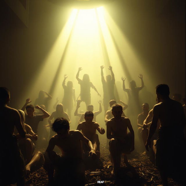 A scene depicting the intense and terrifying atmosphere of Padang Mahsyar, characterized by a scorching heat and palpable fear