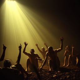 A scene depicting the intense and terrifying atmosphere of Padang Mahsyar, characterized by a scorching heat and palpable fear