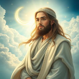 A beautiful and artistic representation of Imam Mahdi, depicted as a young, wise figure with long hair and a gentle expression