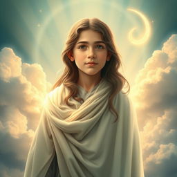 A beautiful and artistic representation of Imam Mahdi, depicted as a young, wise figure with long hair and a gentle expression