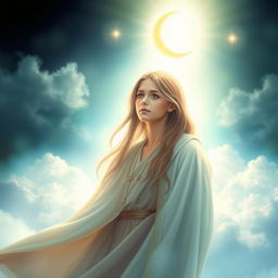 A beautiful and artistic representation of Imam Mahdi, depicted as a young, wise figure with long hair and a gentle expression