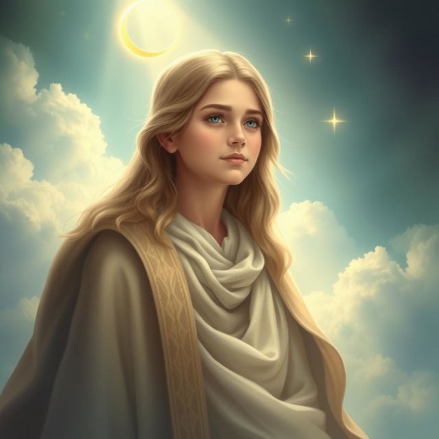 A beautiful and artistic representation of Imam Mahdi, depicted as a young, wise figure with long hair and a gentle expression