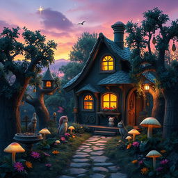 A magical scene inspired by the owl house, featuring a cozy little house nestled among enchanted trees, with a warm glow coming from the windows