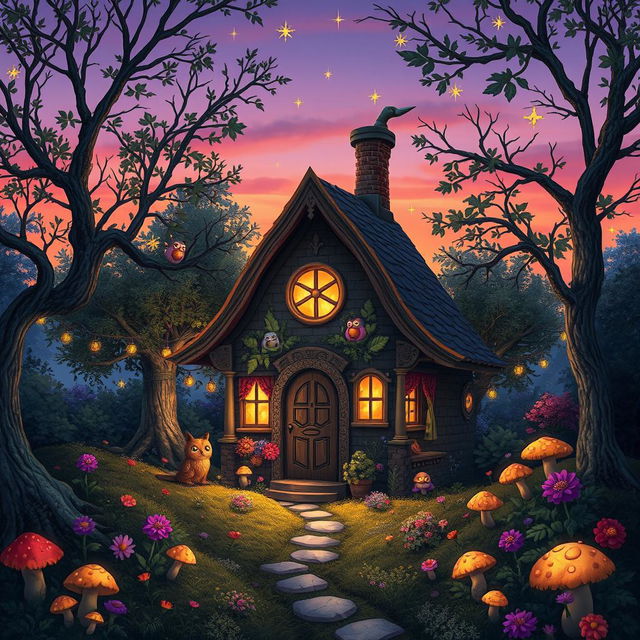 A magical scene inspired by the owl house, featuring a cozy little house nestled among enchanted trees, with a warm glow coming from the windows